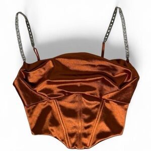Oh Polly Rust Satin Corset Bustier Rhinestone Strap Party Going Out Top Glam